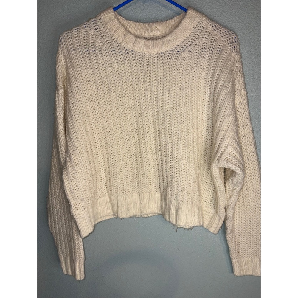 Unbranded Cream Chunky Knit Cropped Sweater Crew Neck Long Sleeve Pullover Ivory